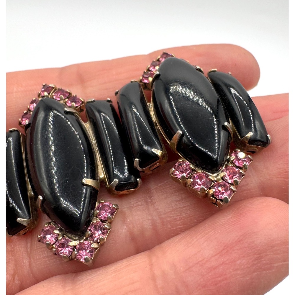 Vintage Black Cabochon Pink Rhinestone Clip On Earrings Mid Century Modern - Picture 3 of 5